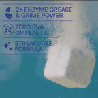 CUBE dishwasher cube dissolving in water: 2x enzyme grease power, zero PVA or plastic, streak-free formula