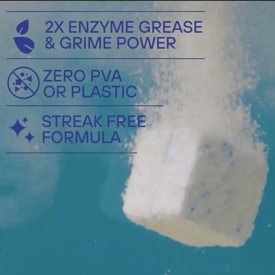 CUBE dishwasher cube dissolving in water: 2x enzyme grease power, zero PVA or plastic, streak-free formula