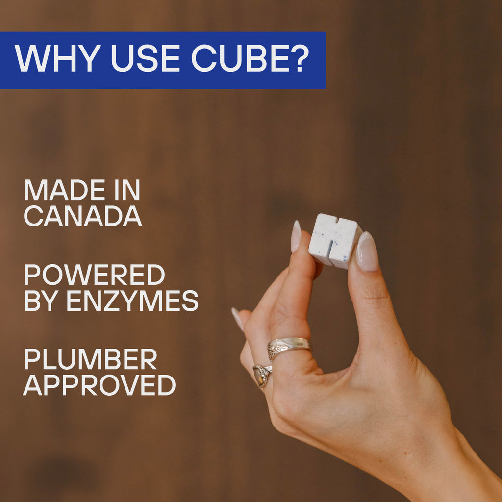 Hand holding a CUBE dishwasher cube: made in Canada, powered by enzymes, plumber approved
