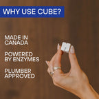 Hand holding a CUBE dishwasher cube: made in Canada, powered by enzymes, plumber approved