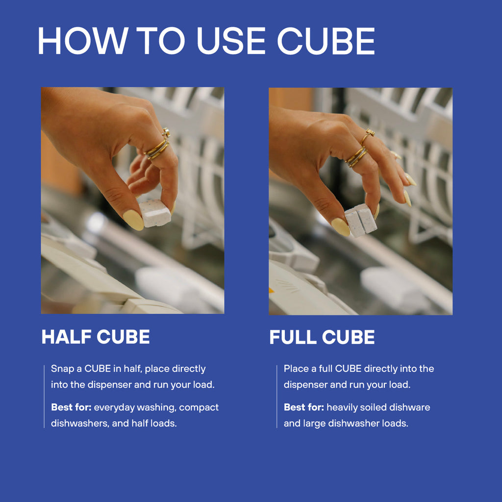 How to use CUBE: snap a cube in half for everyday loads, use a full cube for heavily soiled dishes